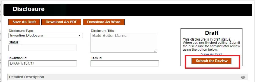 Disclosure form showing submit for review button.