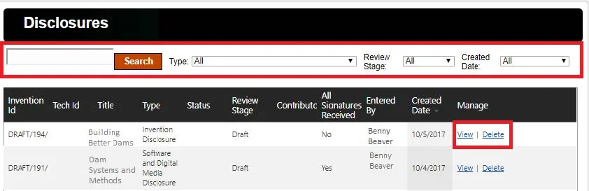 Disclosure search form with edit and delete options to track disclosure.