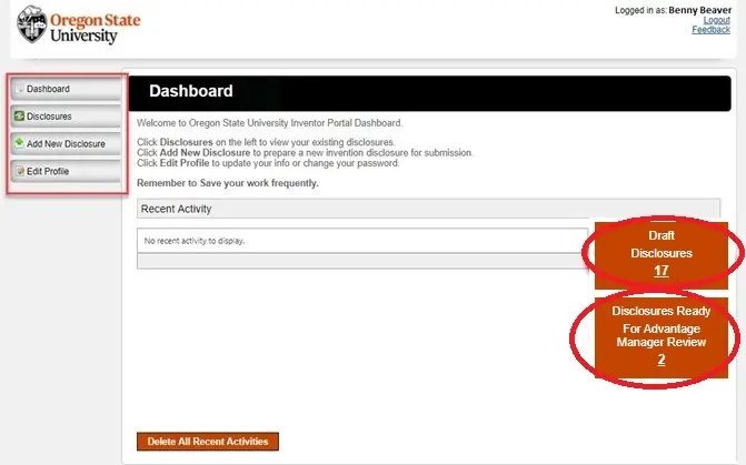 Dashboard showing navigation menu and disclosure status counts.