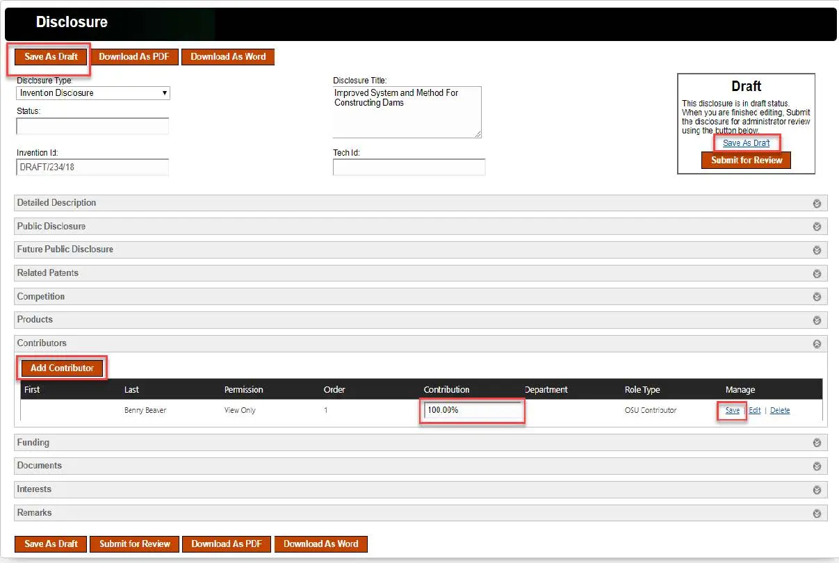 Disclosures page with search filters and list of submissions.