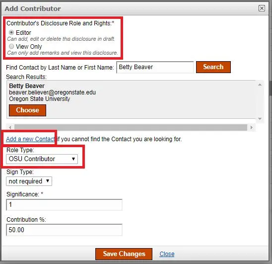 Add contributor window with role selection and contribution percentage fields.