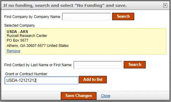 Funding entry screen with company search and grant number field.