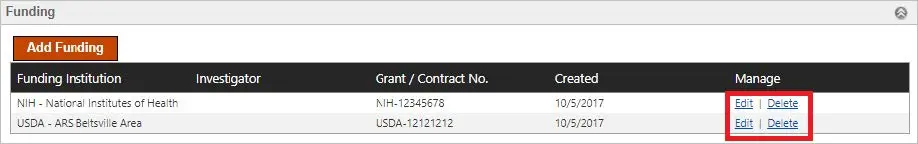 Funding entry screen with company search and grant number field.