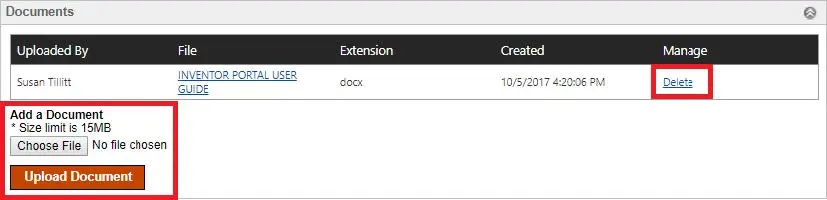 Documents section with file upload option and delete action.