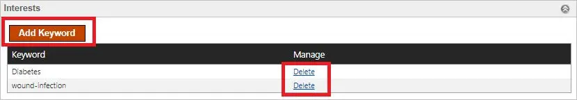 Interests section with keyword list and delete options.