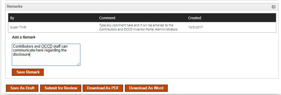 Remarks section with comment field and save remark button.